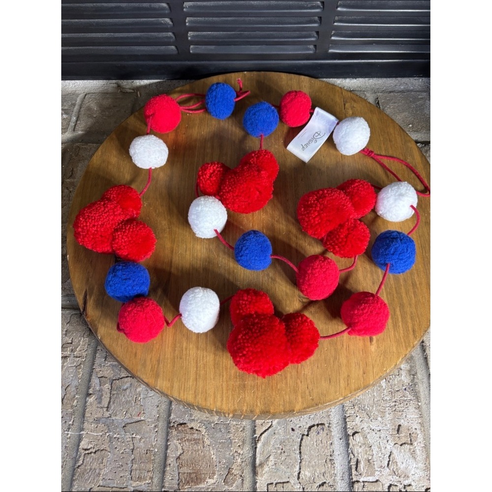 Disney Mickey Mouse Americana Garland Pom Pom - Red, White & Blue 72in GIFT NEW